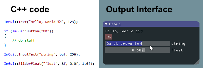 screenshot of sample code alongside its output with ImGui